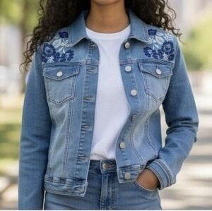 Baccini Light Blue Denim Embroidered-Floral Jacket with Contrast Stitching, PL